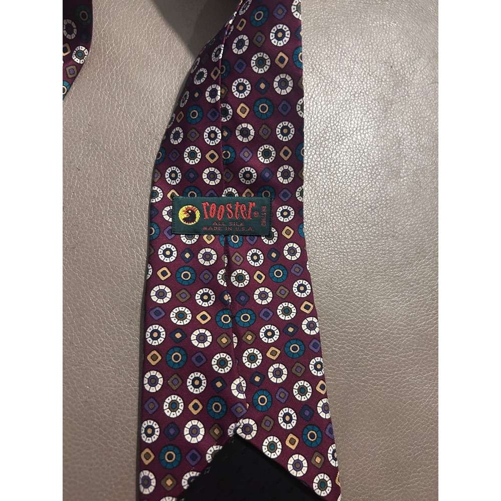 Rooster Vintage Silk Necktie Burgundy Teal Geometric Medallion Made in USA Tie